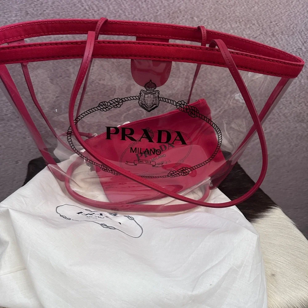 PRADA Clear Red Tote Pool Summer Bag with Pouch Authentic Used  Good   Condition - Picture 2 of 14